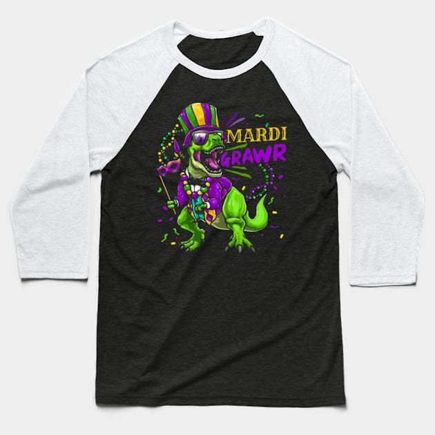 Mardi Gras Dabbing T Rex Dinosaur Mardi Grawr Bead Costume Baseball T-Shirt by Cristian Torres